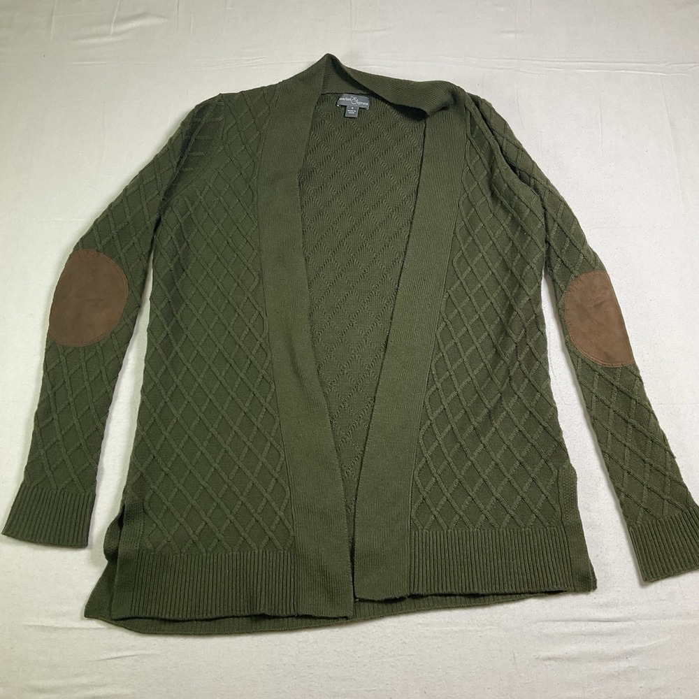 Market & Spruce Open Front Cardigan Size S Green Cotton Elbow Patches Pocket 648